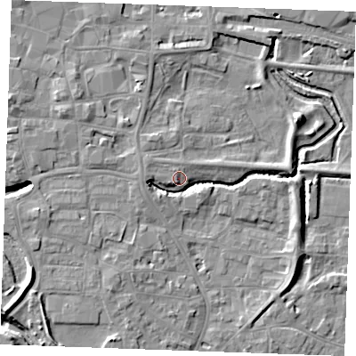 Shaded relief map of the ground around PE305PX, computed from Environment Agency LiDAR. The ground here sits at about 5 m above sea level and falls 9 m across the surrounding 800 m. Surface water reaching this point runs off ground lying to the west-north-west, 1.5 m higher.