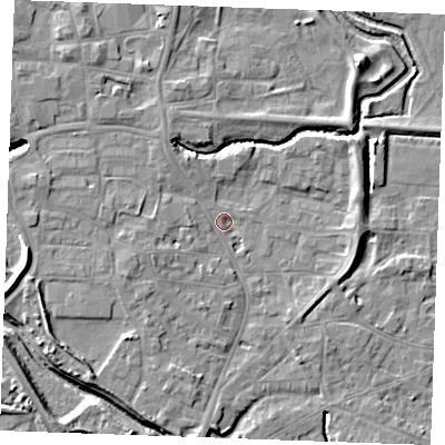 Shaded relief map of the ground around PE305PY, computed from Environment Agency LiDAR. The ground here sits at about 4 m above sea level and falls 8 m across the surrounding 800 m. Surface water reaching this point runs off ground lying to the north-west, 3.7 m higher.