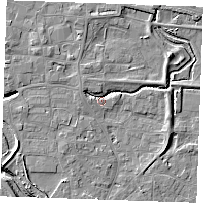 Shaded relief map of the ground around PE305PZ, computed from Environment Agency LiDAR. The ground here sits at about 4 m above sea level and falls 9 m across the surrounding 800 m. Surface water reaching this point runs off ground lying to the north-north-west, 4.2 m higher.