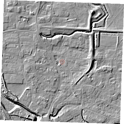 Shaded relief map of the ground around PE305QA, computed from Environment Agency LiDAR. The ground here sits at about 3 m above sea level and falls 7 m across the surrounding 800 m. Surface water reaching this point runs off ground lying to the west-south-west, 3.5 m higher.