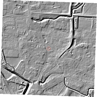 Shaded relief map of the ground around PE305QB, computed from Environment Agency LiDAR. The ground here sits at about 3 m above sea level and falls 7 m across the surrounding 800 m. Surface water reaching this point runs off ground lying to the west, 3.4 m higher.