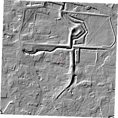 Shaded relief map of the ground around PE305QD, computed from Environment Agency LiDAR. The ground here sits at about 4 m above sea level and falls 6 m across the surrounding 800 m. Surface water reaching this point runs off ground lying to the north-north-east, 1.0 m higher.