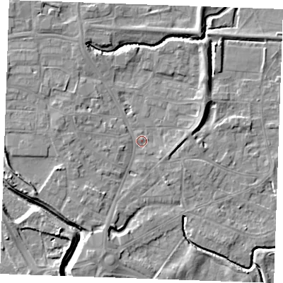 Shaded relief map of the ground around PE305QE, computed from Environment Agency LiDAR. The ground here sits at about 4 m above sea level and falls 7 m across the surrounding 800 m. Surface water reaching this point runs off ground lying to the north-east, 3.8 m higher.