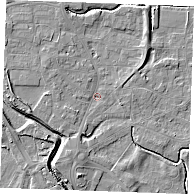 Shaded relief map of the ground around PE305QH, computed from Environment Agency LiDAR. The ground here sits at about 3 m above sea level and falls 7 m across the surrounding 800 m. Surface water reaching this point runs off ground lying to the north-east, 3.8 m higher.