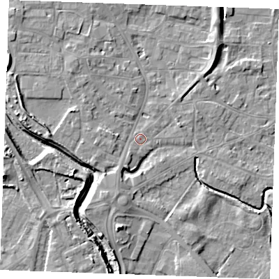Shaded relief map of the ground around PE305QJ, computed from Environment Agency LiDAR. The ground here sits at about 4 m above sea level and falls 7 m across the surrounding 800 m. Surface water reaching this point runs off ground lying to the south-west, 1.4 m higher.