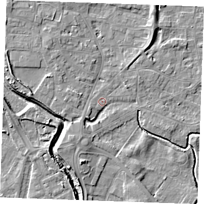 Shaded relief map of the ground around PE305QL, computed from Environment Agency LiDAR. The ground here sits at about 4 m above sea level and falls 7 m across the surrounding 800 m. Surface water reaching this point runs off ground lying to the south-west, 3.9 m higher.