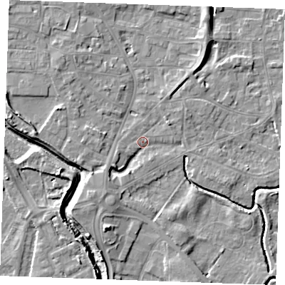 Shaded relief map of the ground around PE305QN, computed from Environment Agency LiDAR. The ground here sits at about 3 m above sea level and falls 7 m across the surrounding 800 m. Surface water reaching this point runs off ground lying to the south-west, 3.9 m higher.