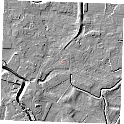 Shaded relief map of the ground around PE305QP, computed from Environment Agency LiDAR. The ground here sits at about 4 m above sea level and falls 7 m across the surrounding 800 m. Surface water reaching this point runs off ground lying to the north-east, 1.5 m higher.