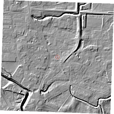 Shaded relief map of the ground around PE305QQ, computed from Environment Agency LiDAR. The ground here sits at about 3 m above sea level and falls 7 m across the surrounding 800 m. Surface water reaching this point runs off ground lying to the north-east, 3.8 m higher.