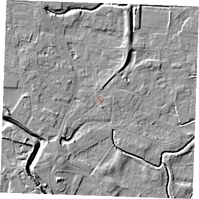 Shaded relief map of the ground around PE305QR, computed from Environment Agency LiDAR. The ground here sits at about 4 m above sea level and falls 7 m across the surrounding 800 m. Surface water reaching this point runs off ground lying to the north-north-east, 3.8 m higher.