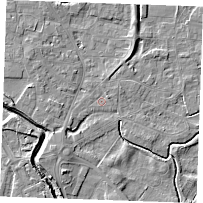 Shaded relief map of the ground around PE305QS, computed from Environment Agency LiDAR. The ground here sits at about 3 m above sea level and falls 7 m across the surrounding 800 m. Surface water reaching this point runs off ground lying to the north-north-east, 3.8 m higher.