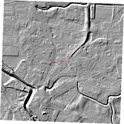 Shaded relief map of the ground around PE305QT, computed from Environment Agency LiDAR. The ground here sits at about 4 m above sea level and falls 7 m across the surrounding 800 m. Surface water reaching this point runs off ground lying to the north-north-east, 3.8 m higher.
