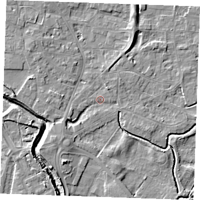 Shaded relief map of the ground around PE305QW, computed from Environment Agency LiDAR. The ground here sits at about 4 m above sea level and falls 7 m across the surrounding 800 m. Surface water reaching this point runs off ground lying to the south-west, 3.9 m higher.