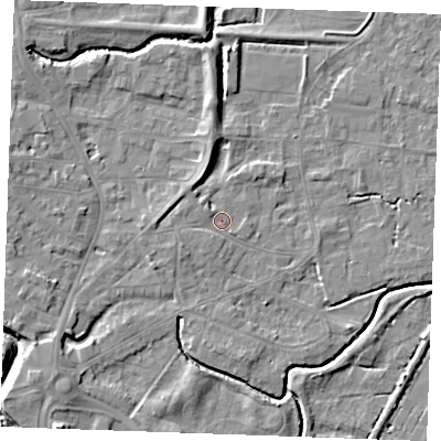 Shaded relief map of the ground around PE305QX, computed from Environment Agency LiDAR. The ground here sits at about 4 m above sea level and falls 7 m across the surrounding 800 m. Surface water reaching this point runs off ground lying to the west, 1.6 m higher.