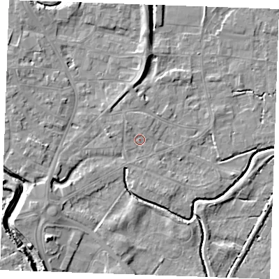 Shaded relief map of the ground around PE305QY, computed from Environment Agency LiDAR. The ground here sits at about 3 m above sea level and falls 7 m across the surrounding 800 m. Surface water reaching this point runs off ground lying to the north, 4.5 m higher.