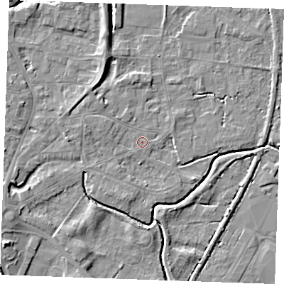 Shaded relief map of the ground around PE305QZ, computed from Environment Agency LiDAR. The ground here sits at about 3 m above sea level and falls 7 m across the surrounding 800 m. Surface water reaching this point runs off ground lying to the west-north-west, 2.3 m higher.