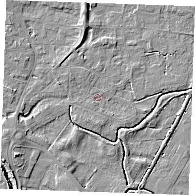 Shaded relief map of the ground around PE305RA, computed from Environment Agency LiDAR. The ground here sits at about 3 m above sea level and falls 7 m across the surrounding 800 m. Surface water reaching this point runs off ground lying to the west-south-west, 3.9 m higher.