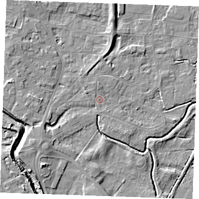 Shaded relief map of the ground around PE305RB, computed from Environment Agency LiDAR. The ground here sits at about 4 m above sea level and falls 7 m across the surrounding 800 m. Surface water reaching this point runs off ground lying to the north, 4.5 m higher.