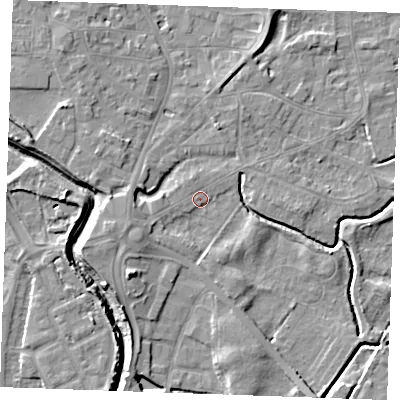 Shaded relief map of the ground around PE305RD, computed from Environment Agency LiDAR. The ground here sits at about 4 m above sea level and falls 7 m across the surrounding 800 m. Surface water reaching this point runs off ground lying to the west-south-west, 3.1 m higher.