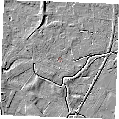 Shaded relief map of the ground around PE305RE, computed from Environment Agency LiDAR. The ground here sits at about 3 m above sea level and falls 7 m across the surrounding 800 m. Surface water reaching this point runs off ground lying to the west-south-west, 3.9 m higher.