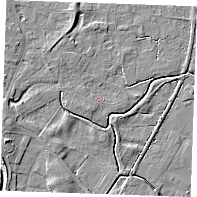 Shaded relief map of the ground around PE305RF, computed from Environment Agency LiDAR. The ground here sits at about 3 m above sea level and falls 7 m across the surrounding 800 m. Surface water reaching this point runs off ground lying to the south-west, 2.4 m higher.