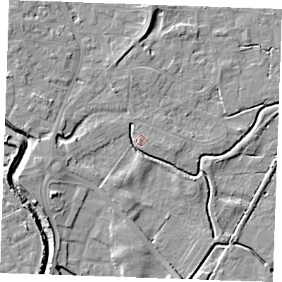 Shaded relief map of the ground around PE305RG, computed from Environment Agency LiDAR. The ground here sits at about 4 m above sea level and falls 7 m across the surrounding 800 m. Surface water reaching this point runs off ground lying to the west-south-west, 4.7 m higher.