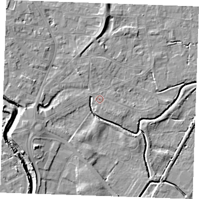 Shaded relief map of the ground around PE305RH, computed from Environment Agency LiDAR. The ground here sits at about 4 m above sea level and falls 7 m across the surrounding 800 m. The ground contributing surface water to this point lies to the north-north-east.