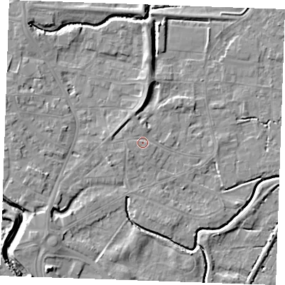 Shaded relief map of the ground around PE305RN, computed from Environment Agency LiDAR. The ground here sits at about 4 m above sea level and falls 7 m across the surrounding 800 m. Surface water reaching this point runs off ground lying to the west-north-west, 1.6 m higher.