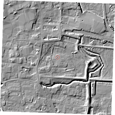 Shaded relief map of the ground around PE305RP, computed from Environment Agency LiDAR. The ground here sits at about 4 m above sea level and falls 7 m across the surrounding 800 m. Surface water reaching this point runs off ground lying to the east, 4.9 m higher.