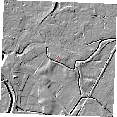 Shaded relief map of the ground around PE305RQ, computed from Environment Agency LiDAR. The ground here sits at about 4 m above sea level and falls 7 m across the surrounding 800 m. Surface water reaching this point runs off ground lying to the east-north-east, 0.9 m higher.