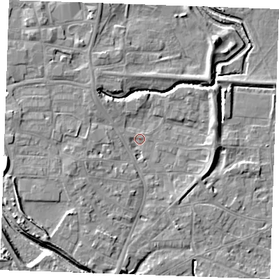 Shaded relief map of the ground around PE305RR, computed from Environment Agency LiDAR. The ground here sits at about 3 m above sea level and falls 7 m across the surrounding 800 m. Surface water reaching this point runs off ground lying to the north-west, 3.7 m higher.
