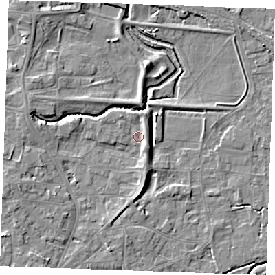 Shaded relief map of the ground around PE305RT, computed from Environment Agency LiDAR. The ground here sits at about 4 m above sea level and falls 7 m across the surrounding 800 m. Surface water reaching this point runs off ground lying to the south-east, 2.5 m higher.