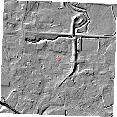 Shaded relief map of the ground around PE305RU, computed from Environment Agency LiDAR. The ground here sits at about 3 m above sea level and falls 7 m across the surrounding 800 m. Surface water reaching this point runs off ground lying to the west-south-west, 3.4 m higher.