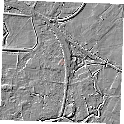Shaded relief map of the ground around PE305RW, computed from Environment Agency LiDAR. The ground here sits at about 3 m above sea level and falls 5 m across the surrounding 800 m. Surface water reaching this point runs off ground lying to the north-north-east, 1.6 m higher.