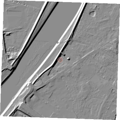 Shaded relief map of the ground around PE305RX, computed from Environment Agency LiDAR. The ground here sits at about 3 m above sea level and falls 9 m across the surrounding 800 m. Surface water reaching this point runs off ground lying to the south-west, 4.7 m higher.