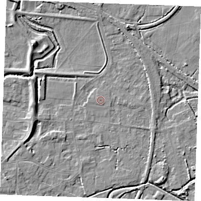 Shaded relief map of the ground around PE305RY, computed from Environment Agency LiDAR. The ground here sits at about 4 m above sea level and falls 7 m across the surrounding 800 m. Surface water reaching this point runs off ground lying to the west-north-west, 0.6 m higher.