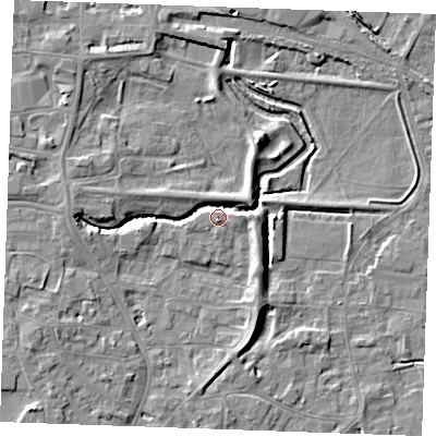 Shaded relief map of the ground around PE305RZ, computed from Environment Agency LiDAR. The ground here sits at about 5 m above sea level and falls 6 m across the surrounding 800 m. Surface water reaching this point runs off ground lying to the west, 4.4 m higher.
