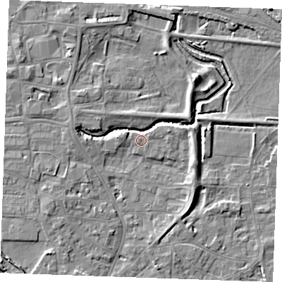Shaded relief map of the ground around PE305SA, computed from Environment Agency LiDAR. The ground here sits at about 4 m above sea level and falls 6 m across the surrounding 800 m. Surface water reaching this point runs off ground lying to the east-north-east, 3.0 m higher.