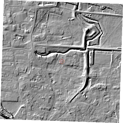 Shaded relief map of the ground around PE305SB, computed from Environment Agency LiDAR. The ground here sits at about 4 m above sea level and falls 7 m across the surrounding 800 m. Surface water reaching this point runs off ground lying to the west-north-west, 3.7 m higher.