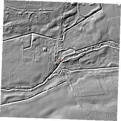 Shaded relief map of the ground around PE316BA, computed from Environment Agency LiDAR. The ground here sits at about 9 m above sea level and falls 7 m across the surrounding 800 m. Surface water reaching this point runs off ground lying to the north-north-east, 5.6 m higher.