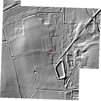 Shaded relief map of the ground around PE316BZ, computed from Environment Agency LiDAR. The ground here sits at about 15 m above sea level and falls 15 m across the surrounding 800 m. Surface water reaching this point runs off ground lying to the west-south-west, 2.4 m higher.