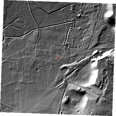 Shaded relief map of the ground around PE316HA, computed from Environment Agency LiDAR. The ground here sits at about 8 m above sea level and falls 33 m across the surrounding 800 m. Surface water reaching this point runs off ground lying to the south-east, 27.2 m higher.