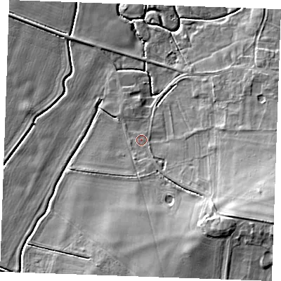 Shaded relief map of the ground around PE316HB, computed from Environment Agency LiDAR. The ground here sits at about 5 m above sea level and falls 19 m across the surrounding 800 m. Surface water reaching this point runs off ground lying to the south-east, 12.7 m higher.