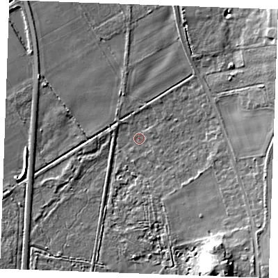 Shaded relief map of the ground around PE316NL, computed from Environment Agency LiDAR. The ground here sits at about 6 m above sea level and falls 16 m across the surrounding 800 m. Surface water reaching this point runs off ground lying to the east-south-east, 8.0 m higher.