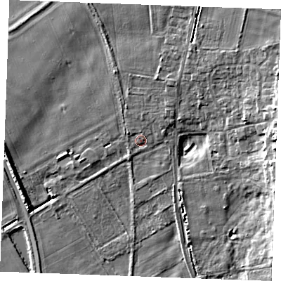 Shaded relief map of the ground around PE316NW, computed from Environment Agency LiDAR. The ground here sits at about 9 m above sea level and falls 11 m across the surrounding 800 m. Surface water reaching this point runs off ground lying to the north-east, 1.2 m higher.