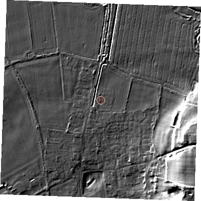Shaded relief map of the ground around PE316PD, computed from Environment Agency LiDAR. The ground here sits at about 10 m above sea level and falls 26 m across the surrounding 800 m. Surface water reaching this point runs off ground lying to the east-south-east, 20.2 m higher.