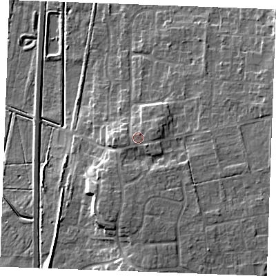 Shaded relief map of the ground around PE316PR, computed from Environment Agency LiDAR. The ground here sits at about 11 m above sea level and falls 12 m across the surrounding 800 m. Surface water reaching this point runs off ground lying to the east-north-east, 0.7 m higher.