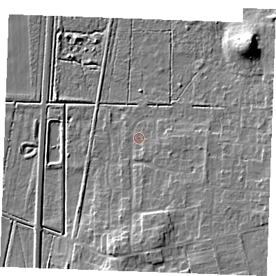 Shaded relief map of the ground around PE316PT, computed from Environment Agency LiDAR. The ground here sits at about 6 m above sea level and falls 17 m across the surrounding 800 m. Surface water reaching this point runs off ground lying to the south, 6.2 m higher.