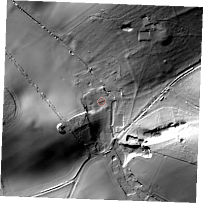 Shaded relief map of the ground around PE316SE, computed from Environment Agency LiDAR. The ground here sits at about 26 m above sea level and falls 27 m across the surrounding 800 m. Surface water reaching this point runs off ground lying to the east-south-east, 25.4 m higher.