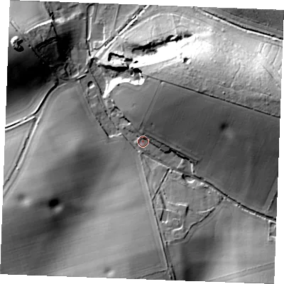 Shaded relief map of the ground around PE316SH, computed from Environment Agency LiDAR. The ground here sits at about 28 m above sea level and falls 31 m across the surrounding 800 m. Surface water reaching this point runs off ground lying to the east-north-east, 29.2 m higher.